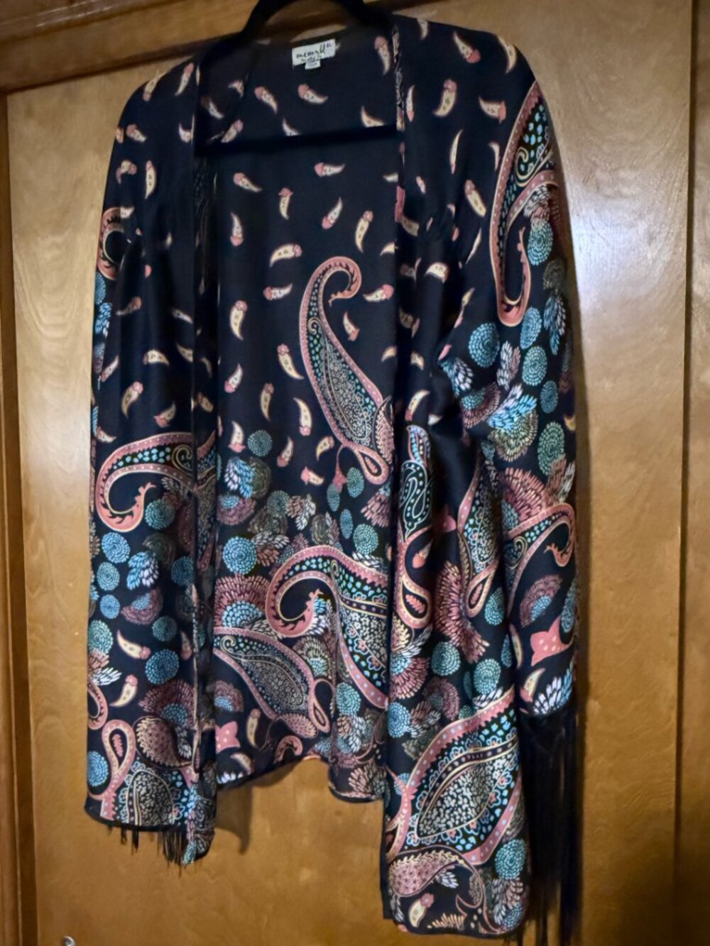 Oneworld XL Paisley Fringe Kimono Duster Cardigan Open Front Boho Western